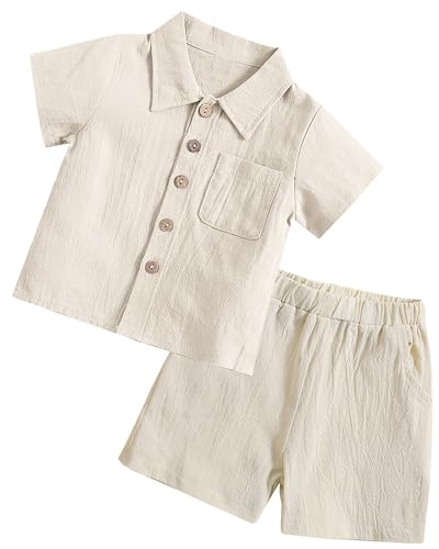 FEOYA Baby Jungen Sommer 2-Teiler Set Kleinkind Shirt Shorts Babykleidung Zweiteiliges Set Baumwolle Leinen Neugeborene Set Kinder Outfit Casual Anzug Beige 90 von FEOYA