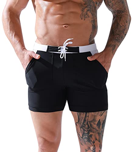 FEOYA Badehose Herren Badehose Shorts mit Kordelzug Strandshorts Sport Boxer Elastische Turnhose Board Shorts Schwarz XL von FEOYA