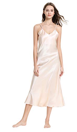 FEOYA Bequem Unterkleid Damen Nachtkleid V-Ausschnitt Negligee Elegant Satin Sleepwear Einfarbig Nachthemd Ärmellos Rückenfrei Nachtwäsche Beige - Größe L von FEOYA