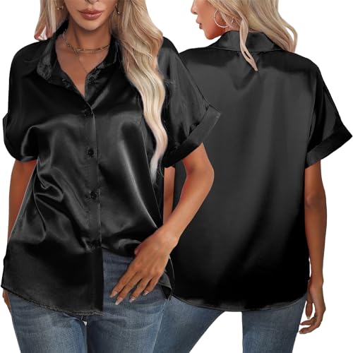 FEOYA Damen Bluse Satin Seide V-Ausschnitt Hemd Mit Knopfleiste Sommer Tops Kurzarm Damenbekleidung Satin Hemd Casual Bluse Shirt Lose Lässig Büro Schwarz M FEOYA Damen Bluse Satin Seide V-Ausschnitt Hemd Mit Knopfleiste Sommer Tops Kurzarm Damenbekleidung Satin Hemd Casual Bluse Shirt Lose Lässig Büro Schwarz M von FEOYA