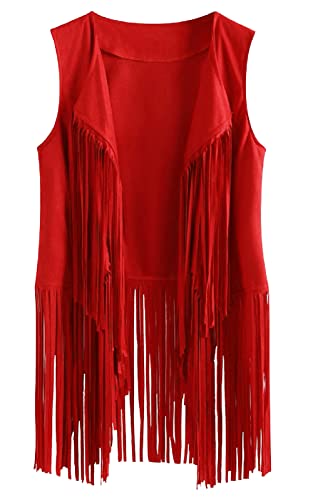 FEOYA Damen Fransen Weste Strickjacke mit offener Vorderseite Hippie Faux Wildleder Fransen Vintage Weste Lange Weste mit Quasten Hippie Gilet Rot XXL von FEOYA