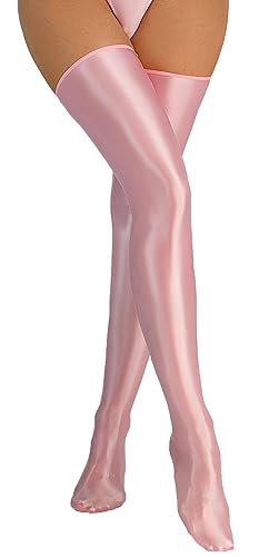 FEOYA Damen Halterlose Strümpfe Metallic Glänzende Kniestrümpfe Overknees Strümpfe Stockings Strümpfe Lang Öl Glänzend Rosa von FEOYA