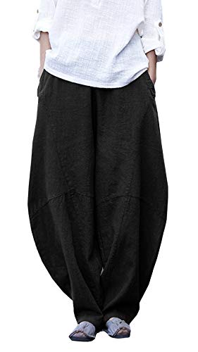 FEOYA Damen Hose Leinen Pilateshose Yogahose Gummibund Haremshose Pumphose Aladinhose Pluderhose Leinenhose Ballonhose Schlabberhose Casuale Elegante Hose mit Taschen Jogginghose-Schwarz-Größe L von FEOYA