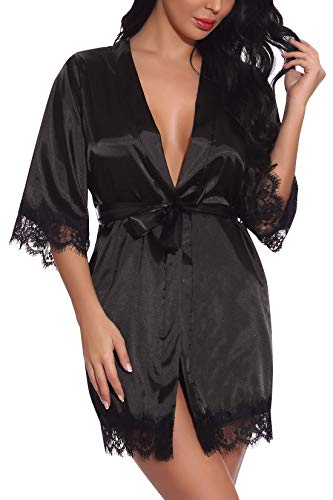 FEOYA Damen Kimono Morgenmantel Bademantel Kurz Schlafanzug Nachtwäsche Satin Blumenspitze mit Gürtel Schwarz S von FEOYA