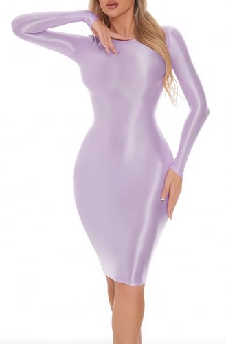 FEOYA Damen Kleid Lange Ärmel Frauen Sexy Glänzende Seide Röcke Strumpfrock Rutschig Hochelastische Oberschenkel Lederrock Nylon Rock Violett M FEOYA Damen Kleid Lange Ärmel Frauen Sexy Glänzende Seide Röcke Strumpfrock Rutschig Hochelastische Oberschenkel Lederrock Nylon Rock Violett M von FEOYA