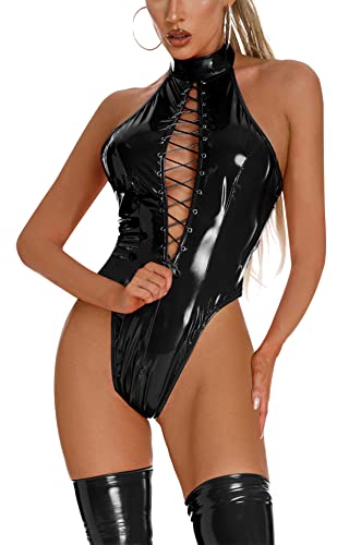 FEOYA Damen Kurze Overall Sexy Party Halterlose Overknee Strümpfe Clubwear Partykleider Kunstleder Wetlook Kniestrümpfe Bodysuit Leder Latex Kleider Handschuhe Latex Lange Handschuhe von FEOYA