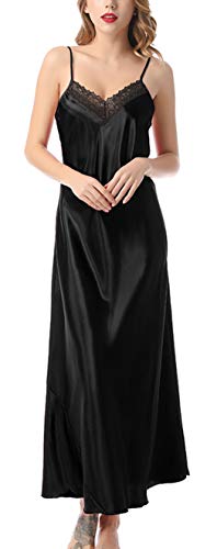 FEOYA Damen Nachtkleid Satin V-Ausschnitt Nachthemd Rückenfrei Elegant Negligee Bequem Nachtwäsche Schwarz 3 - Größe L von FEOYA