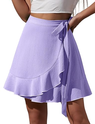 FEOYA Damen Röcke Kurz Sommer Minirock Einteiliger A-Linien-Rock mit Gürtel Ruffle Wickelrock 01 Lila S FEOYA Damen Röcke Kurz Sommer Minirock Einteiliger A-Linien-Rock mit Gürtel Ruffle Wickelrock 01 Lila S von FEOYA