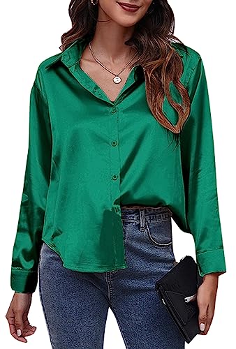 FEOYA Damen Satin Seide Shirt Elegante Langarm Hemden Button Down Business Tops Damen Büro Tops Lose Freizeitbluse Grün XXL von FEOYA