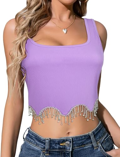 FEOYA Damen Sexy Crop Top mit Glitzer Quaste Ärmellos Oberteil Gestrickt Corset Tank Tops Sparkle Party Kostüm Größe M-Violett von FEOYA