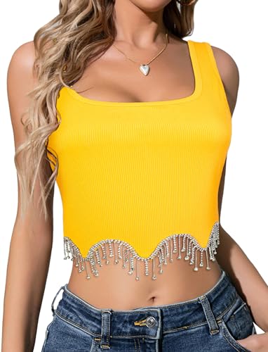 FEOYA Damen Sexy Crop Top mit Glitzer Quaste Ärmellos Oberteil Gestrickt Corset Tank Tops Sparkle Party Kostüm Größe S-Gelb von FEOYA