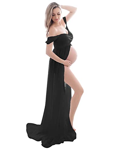 FEOYA - Damen Umstandskleider für Fotoshooting Elegante Schwangerschaftskleidung Umstandsmode Front Split für Fotografie Requisiten Sommer Langer Umstandsrock für Mutter Geschenke - Schwarz - XL von FEOYA