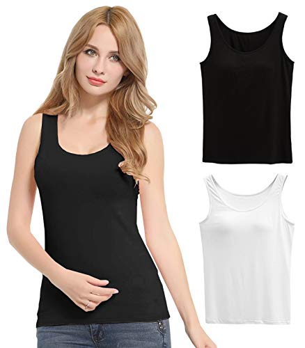 FEOYA Damen Unterhemd BH-Hemd Basic 2er Pack BH Push up Yoga Bügelloser U-Ausschnitt Eingebauter Bra Bügelloser Gepolstert Tank Tops Top Set Sport-BHS für Women-Schwaz+Weiß-S von FEOYA