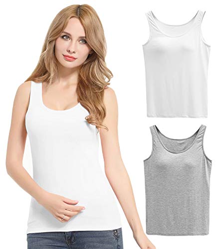 FEOYA Damen Unterhemd BH-Hemd Basic 2er Pack BH Push up Yoga Bügelloser U-Ausschnitt Eingebauter Bra Bügelloser Gepolstert Tank Tops Top Set Sport-BHS für Women-Weiß+Grau-L von FEOYA