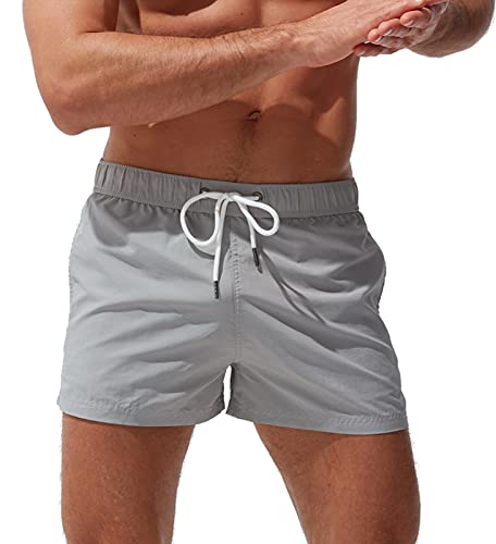 FEOYA Herren Beachshorts Reißverschlusstasche Strand Shorts Atmungsaktiv Badehose Badeshorts Schwimmhose Schwimmshorts Schnelltrocknend mit Verstellbarem Tunnelzug Wasserabweisend-Grau-M von FEOYA