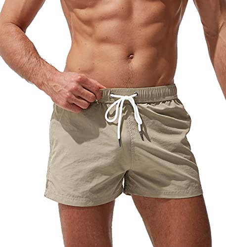 FEOYA Herren Beachshorts Reißverschlusstasche Strand Shorts Atmungsaktiv Badehose Badeshorts Schwimmhose Schwimmshorts Schnelltrocknend mit Verstellbarem Tunnelzug Wasserabweisend-Khaki-L von FEOYA