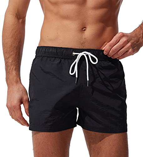 FEOYA Herren Beachshorts Reißverschlusstasche Strand Shorts Atmungsaktiv Badehose Badeshorts Schwimmhose Schwimmshorts Schnelltrocknend mit Verstellbarem Tunnelzug Wasserabweisend-Schwarz-M von FEOYA