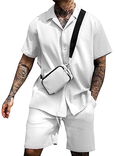 FEOYA Herren Hemd und Shorts Set 2-teiliges Casual Knopfleiste Hemd und Shorts Kurzarm Sommer Holiday Outfits Weiß L von FEOYA