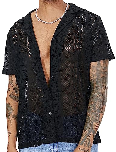 FEOYA Herren Kurzarm Spitzenhemd Floral Sommer Strand Lässig Lace Shirt Durchsichtiges Hemd Schwarz M von FEOYA