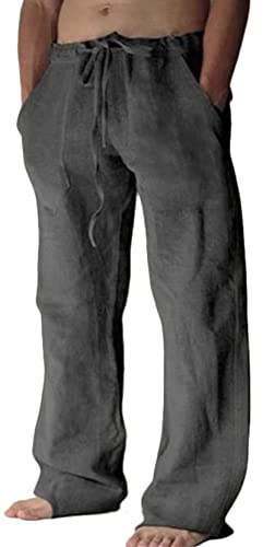 FEOYA Herren Leinenhose Leichte Sommerhose Lässige Yoga-Strandhose mit lockerer Passform und Kordelzug Baggy-Hose mit elastischem Bund Deep Grey 3XL von FEOYA