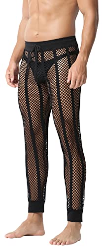 FEOYA Herren Männer Hose transparent Netz Leggings Nachtwäsche Sexy Transparent Mesh Pantyhose Sport Unterwäsche Hose Herren Mesh durchsichtige Lange Hose mit Kordelzug Schwarz S von FEOYA