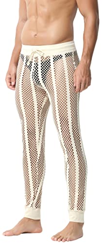 FEOYA Herren Männer Leggings Sexy Transparent Mesh Hose Männer Fischnetzhose Mesh durchsichtige Muskelleggings Strumpfhose Pantyhose Sport Unterwäsche Aprikose L von FEOYA