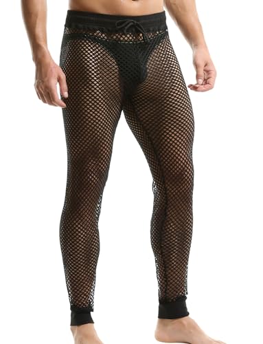 FEOYA Herren Mesh Fischnetz Transparent Pyjama Unterwäsche Mesh Durchsichtige Muskelleggings Hose Lange Hose Sexy Netzhose Sport Unterwäsche Hosen mit Kordelzug Schwarz L von FEOYA