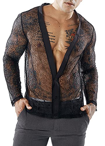 FEOYA Herren Mesh See Through Shirt Langarm Mesh Top Unterhemd Sexy V Neck Nachtwäsche Clubwear B-Schwarz XXL von FEOYA