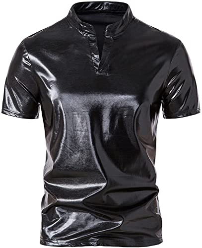 FEOYA Herren Metallisch Glänzend Bronzierend Poloshirt 70er 80er Disco Nachtclub Party Hemd B-Schwarz L von FEOYA