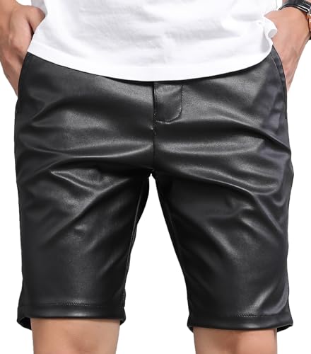 FEOYA Herren PU Leder Shorts Männer Casual Shorts Reißverschluss Kunstleder Shorts mit Taschen Kurze Hose Ledershorts Lässige Kunstledershorts Schwarz 2 40 von FEOYA