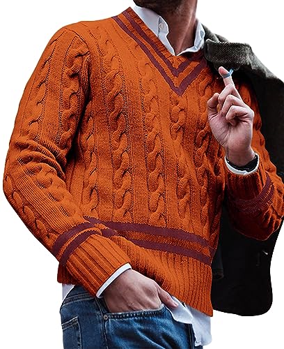 FEOYA Herren Pullover Zopfmuster Strick V-Ausschnitt Sweater Langarm Slim Fit Herbst Winter Pullover Strickwaren Gelb M von FEOYA