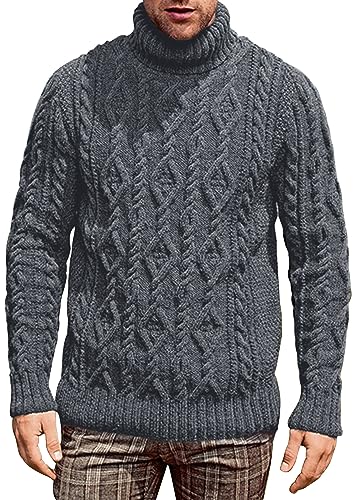 FEOYA Herren Rollkragenpullover Langarm Zopfmuster Strick Lässig Grobstrick Pulli Sweater Twisted Herbst Winter Strickpullover Tiefes Grau L von FEOYA