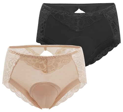 FEOYA Herren Sissy Lace Unterwäsche Hiding Gaff Panties Shaping Slip für Crossdresser Transgender, 2er-Pack, Schwarz, Hautfarben, Large von FEOYA