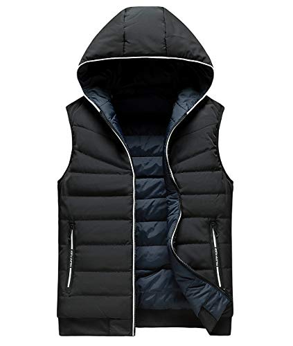 FEOYA Herren Winter Weste Steppweste Jungen Ärmellose Jacke Jacket mit Kapuze Übergangsjacke Bodywarmer Funktionsweste Sportweste Kapuzenweste-Schwarz-L von FEOYA