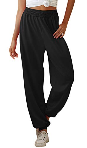 FEOYA Jogginghose Damen Schwarz Jogginghose Damen Loose Fit Jogginghose Damen High Waist Freizeithose Sporthose Lang Sweathose Sweatpants Damen Baumwolle Trainingshose Fitness mit Taschen M von FEOYA