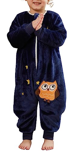 FEOYA Kinder Schlafsack mit Ärmeln Baby Schlafsack Flanell Pyjama Junge Mädchen Winter Herbst Cartoon Schlafanzug Tier Kostüm Set Neugeborenes Blau 1-2 Jahre von FEOYA