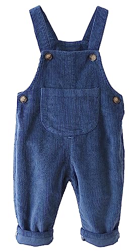 FEOYA Kleinkind Bodysuit Unisex Kind Cord Latzhose Gerippter Samt Arbeitshose Hosenträger Taschen Overall Hosen Jungen Mädchen Knöpfe Outfit Neugeborenen Latzhose Frühling Herbst Blau 80 von FEOYA