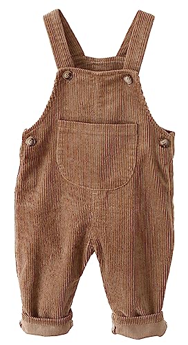 FEOYA Kleinkind Bodysuit Unisex Kind Cord Latzhose Gerippter Samt Arbeitshose Hosenträger Taschen Overall Hosen Jungen Mädchen Knöpfe Outfit Neugeborenen Latzhose Frühling Herbst Braun 95 von FEOYA