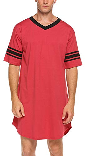 FEOYA Männer Nachtwäsche Kurzarm Nachthemd Baumwolle V-Ausschnitt Pyjama Einteiliger für den Täglichen Gebrauch Rot M von FEOYA