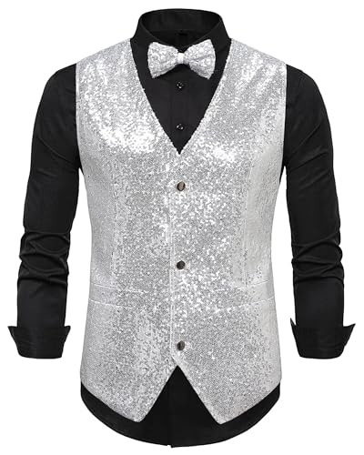 FEOYA Pailletten Weste Herren Ärmellos V-Ausschnitt Glänzende Weste Fliege Set Prom Party Disco Festival Anzug Weste 2 Stück 02 Silber L von FEOYA