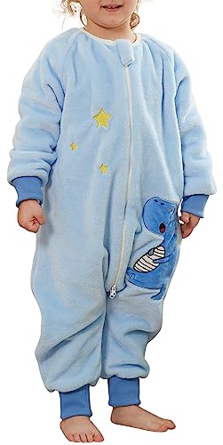 FEOYA Pyjama Junge Mädchen mit Ärmeln Baby Schlafsack Flanell Kinder Schlafsack Winter Herbst Cartoon Kostüm Tier Schlafanzug Set Neugeborenes Dinosaurier Blau 4-5 Jahre von FEOYA