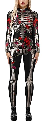 FEOYA Skelett Overall Halloween Kostüm Damen Jumpsuit Knochen Skeleton Anzug Karneval Fasching Skelett Cosplay - XL von FEOYA