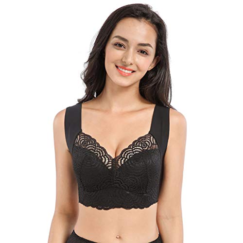 FEOYA Sport Bras Klassisch BHS Ohne Buegel Damen Blumen Spitzen Bra Atmungsaktiv Weich BHS Push-up Schlafen Bralette Cut-Out Bras Seamless Lace Bralette Crop Top Schwarz A 46/105D von FEOYA