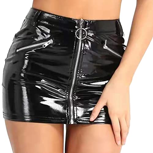 Wetlook Sexy Minirock Lederlook PVC Damen Kurze Rock mit Reißverschluss Party Clubwear XS von FEOYA