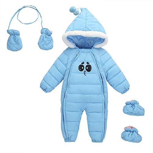 FEOYA - Winter-Schneeanzug für Neugeborene, Kinder, Strampler mit Kapuze, für Kinder, Winter, mit Handschuhen und Schuhen für Mädchen, warme Jacke, gepolsterte Strampler 0-6 Monate- hellblau von FEOYA