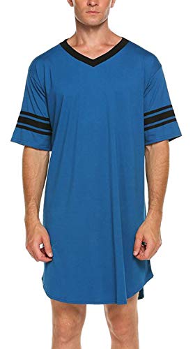 Herren-Pyjamas Baumwolle Kurzarm Nachthemden Schlafhemden V-Ausschnitt Nachtwäsche Patchwork Casual Homewear Einteiliger Schlafanzug Nachtwäsche Männer Knielang Herrennachthemden-Blau-Größe XL von FEOYA