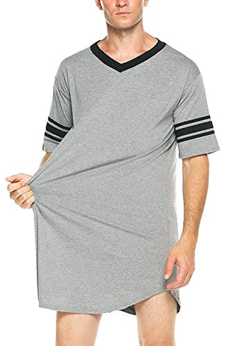 Herren-Pyjamas Baumwolle Kurzarm Nachthemden Schlafhemden V-Ausschnitt Nachtwäsche Patchwork Casual Homewear Einteiliger Schlafanzug Nachtwäsche Männer Knielang Herrennachthemden-Grau-Größe M von FEOYA