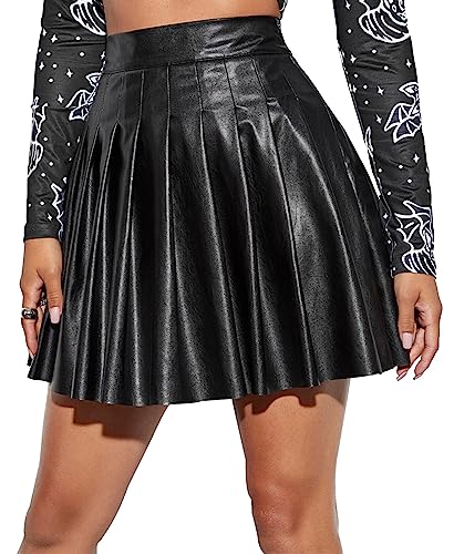 Lederrock Damen Sexy Kurz Plissee Rock Party Hohe Taille PU Minirock Leder Ausgestellter Rock Einfarbig Skater Rock Sommer Clubwear Skirt XXL von FEOYA