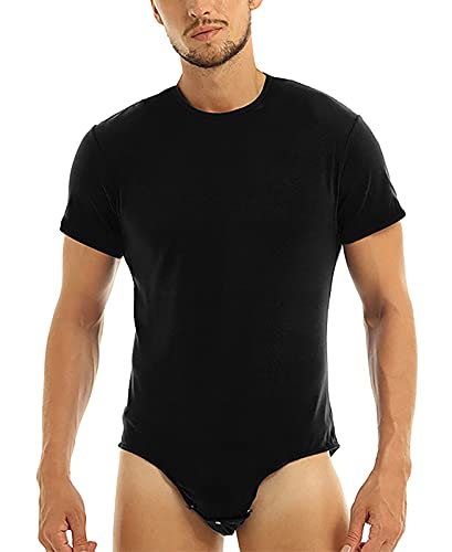 Männer Einteiler Unterwäsche Kurzarm Unterhemd Rundhals T-Shirt mit Knöpfe im Schritt Herren Einteilige Weste Jumpsuit Sexy Unterhemd Unterwäsche Hause Pyjamas Sexy Nachtwäsche-Schwarz-XXL von FEOYA