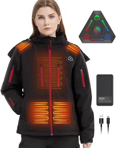 FERNIDA Beheizte Softshell Jacke für Damen mit 7,4 V 16000 mAh Akku, elektrisch beheizter Mantel für Outdoor, warmes Wandern, Skifahren, Spazierengehen, Klettern, 6 beheizte Zonen,XL von FERNIDA